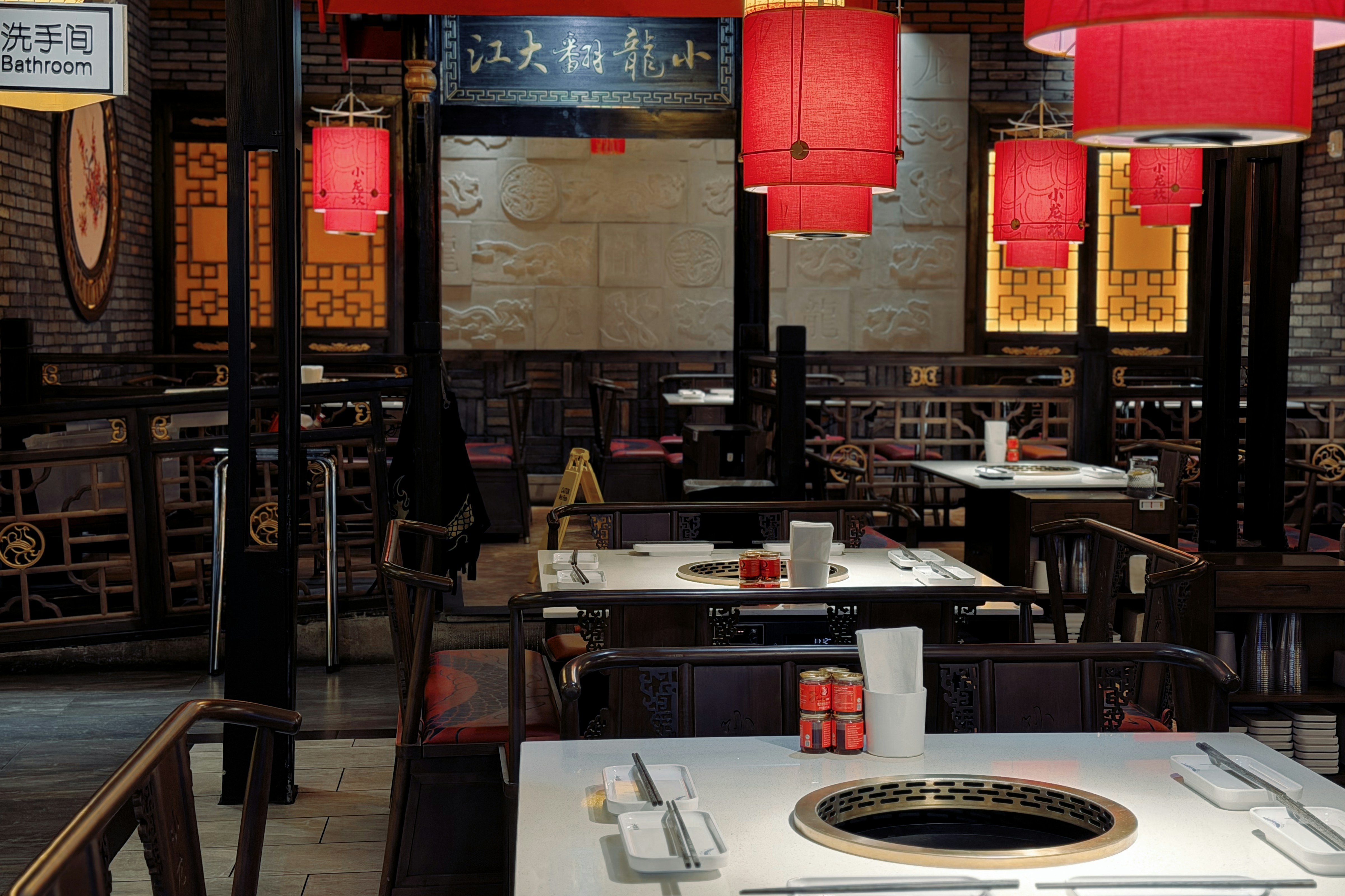 Empty restaurant interior with traditional chinese decor