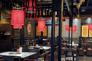 Traditional chinese restaurant interior with red lanterns