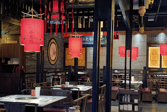 Traditional chinese restaurant interior with red lanterns