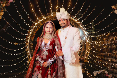 Newlyweds pose in traditional indian wedding attire.