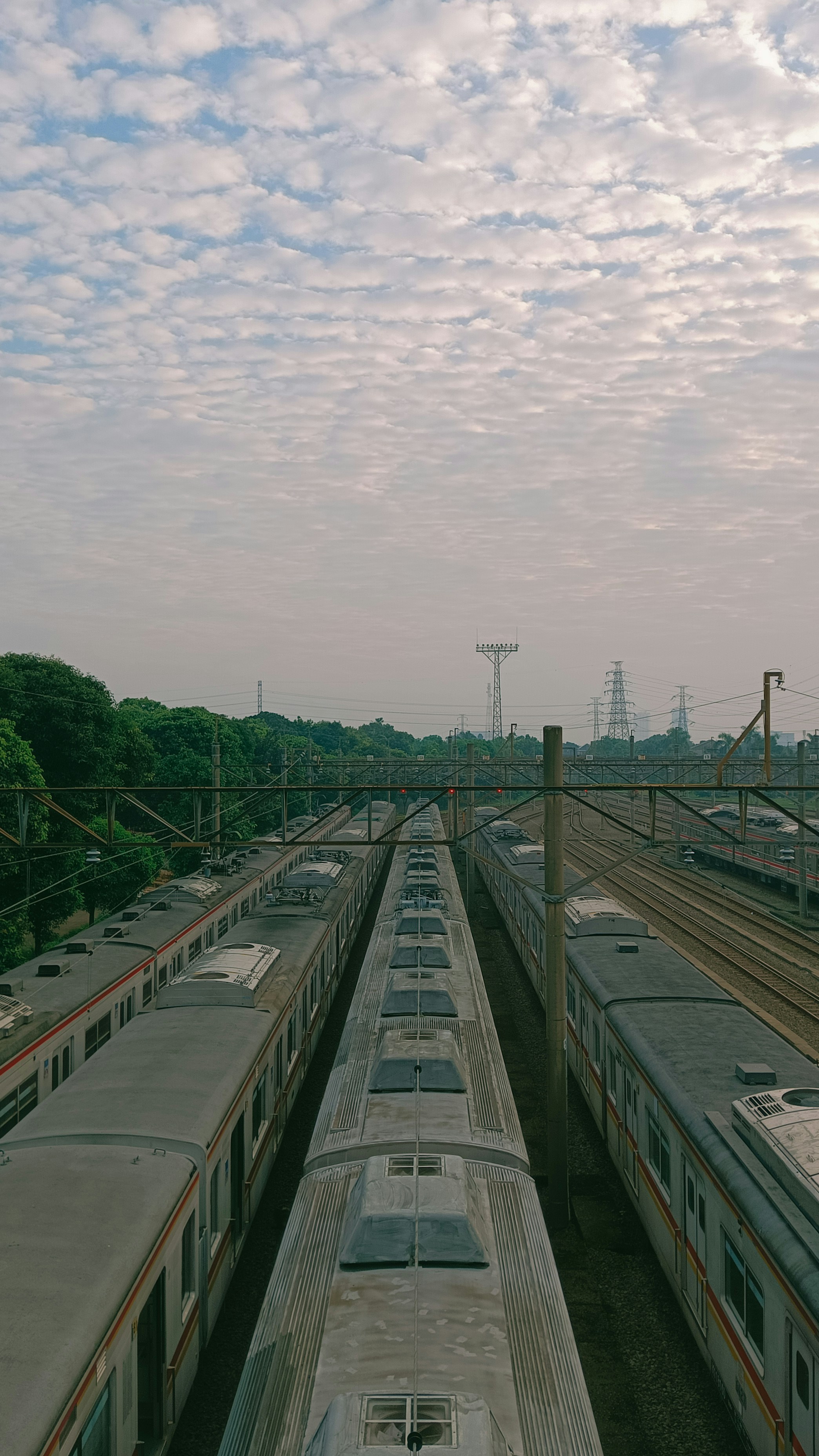 Rows of trains parked at a station under cloudy sky