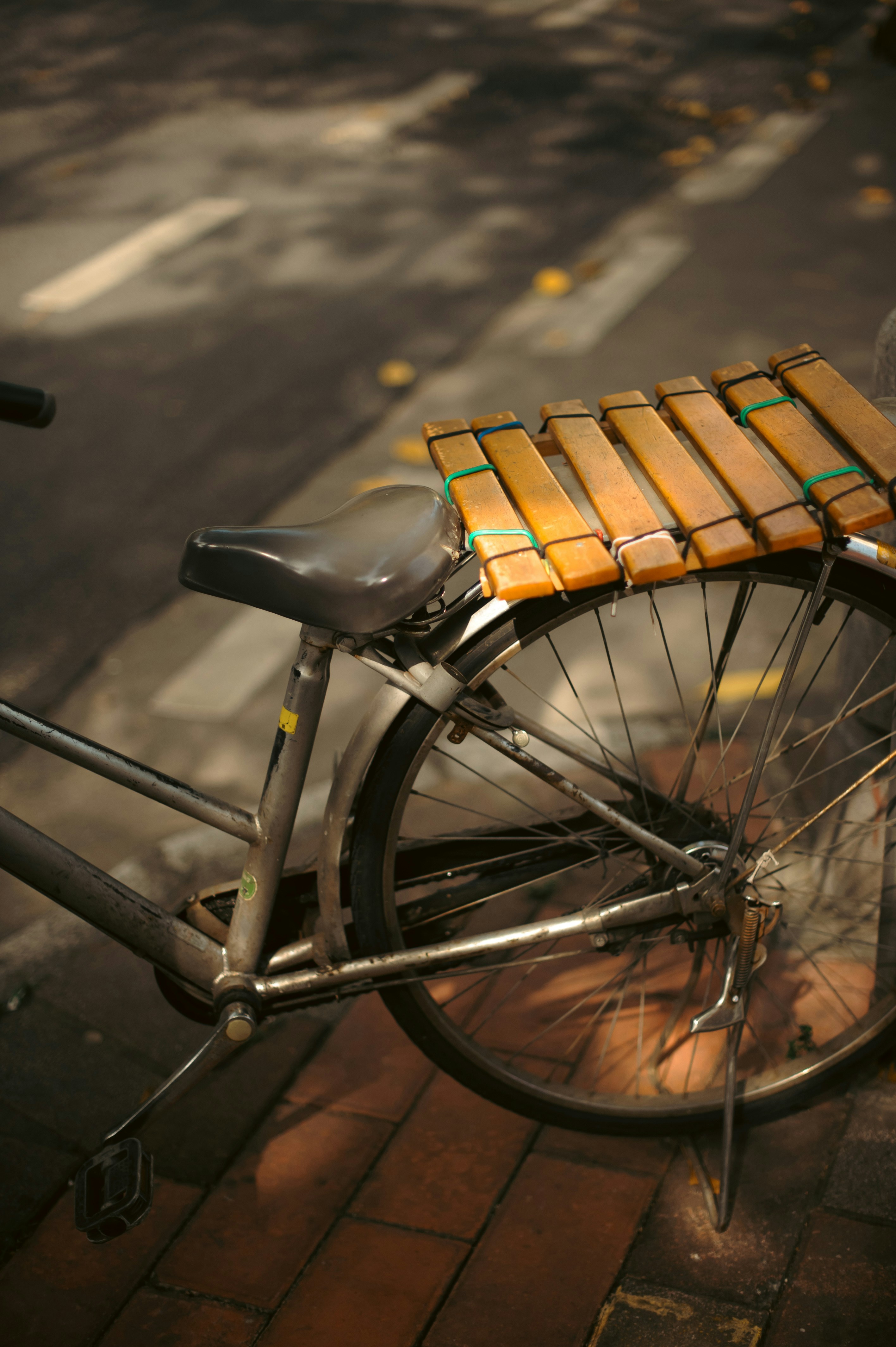 Bicycle with wooden planks on the rack