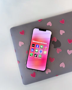 Smartphone displaying social media apps on laptop.