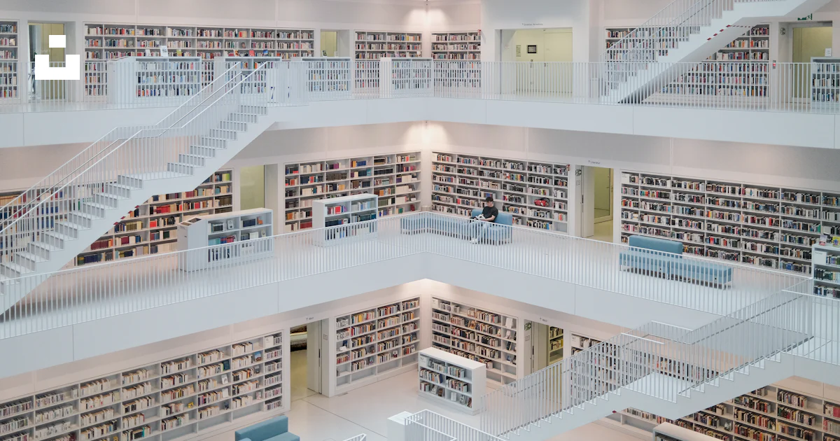 Modern library interior with white shelves and stairs photo – Free ...