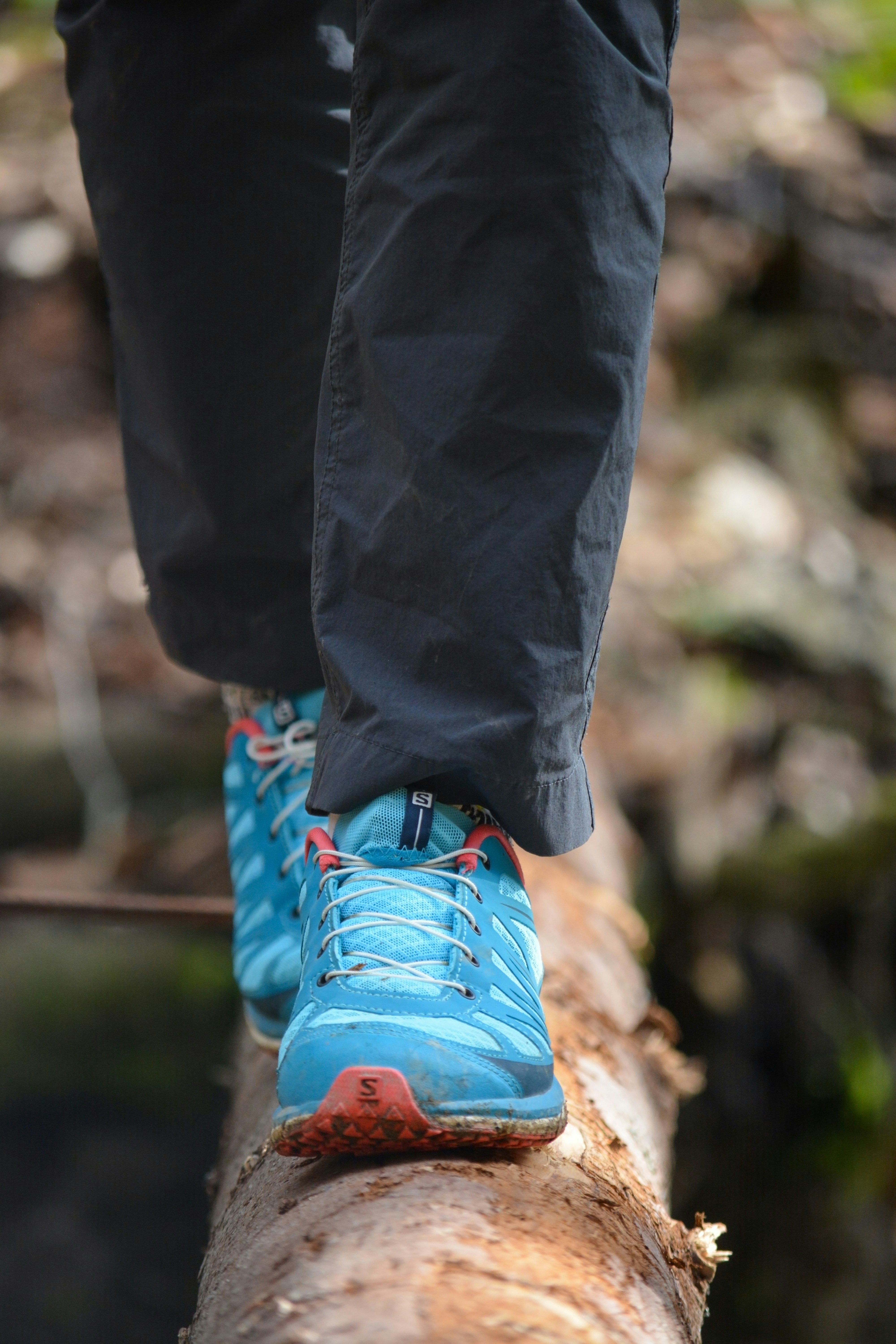 Person walking on a fallen log