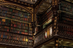 Ornate library interior with tall bookshelves filled with books.