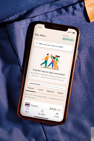 Smartphone displaying esim app with travel deals