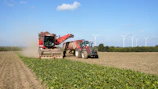 Tractor harvesting crops in a field with windmills.