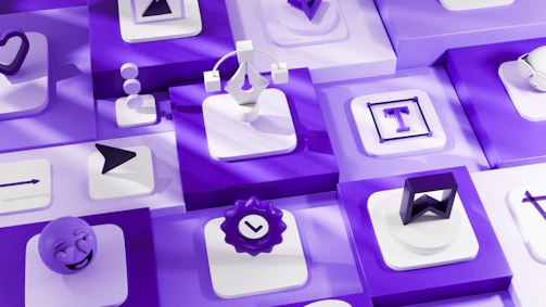 Abstract purple and white 3D icons arranged in a grid.