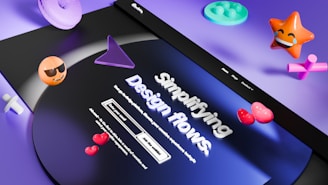 3D abstract shapes and emojis on purple background.