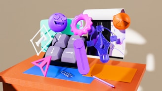 3D render of colorful abstract objects on a desk.