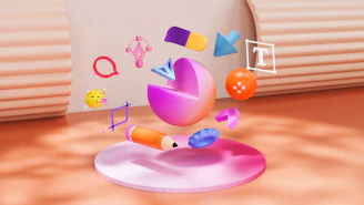 Abstract 3D shapes and icons floating around a sphere