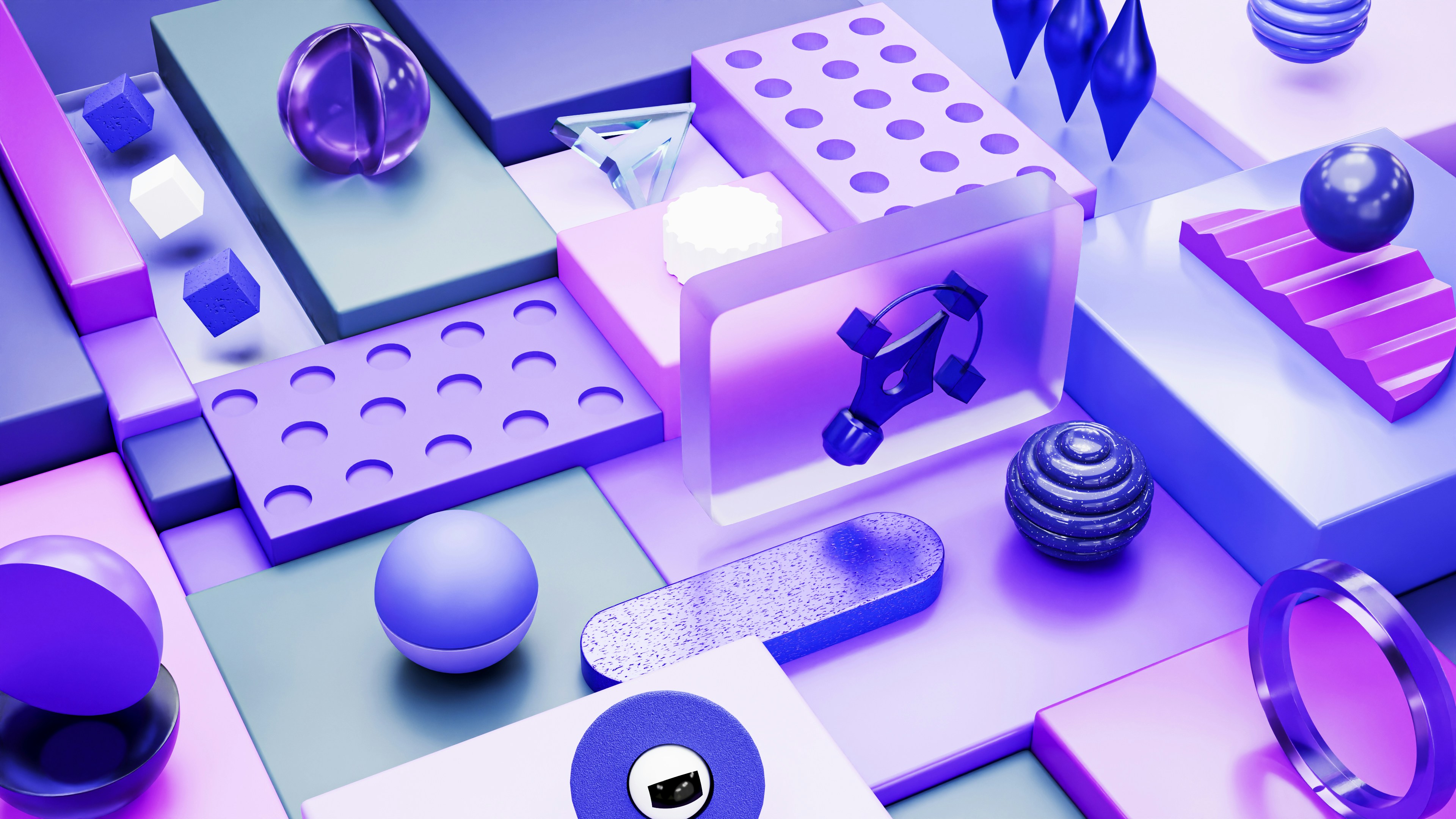 Abstract geometric shapes with purple and blue lighting.