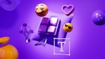 3D icons and emojis floating on a purple background