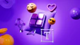 3D icons and emojis floating on a purple background