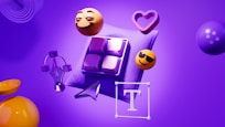 3D icons and emojis floating on a purple background