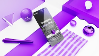 Modern smartphone displaying website design on abstract purple background