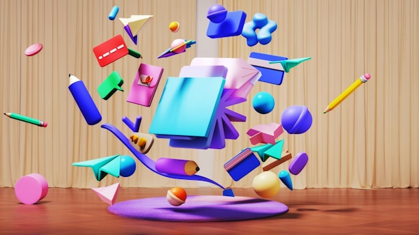 Colorful school supplies floating in a whimsical arrangement.