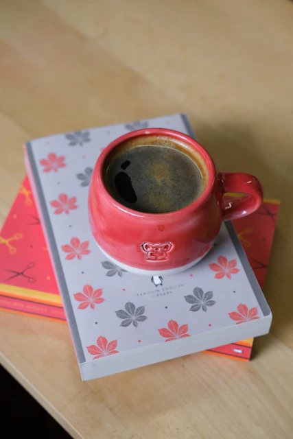 Red mug of coffee on stack of books