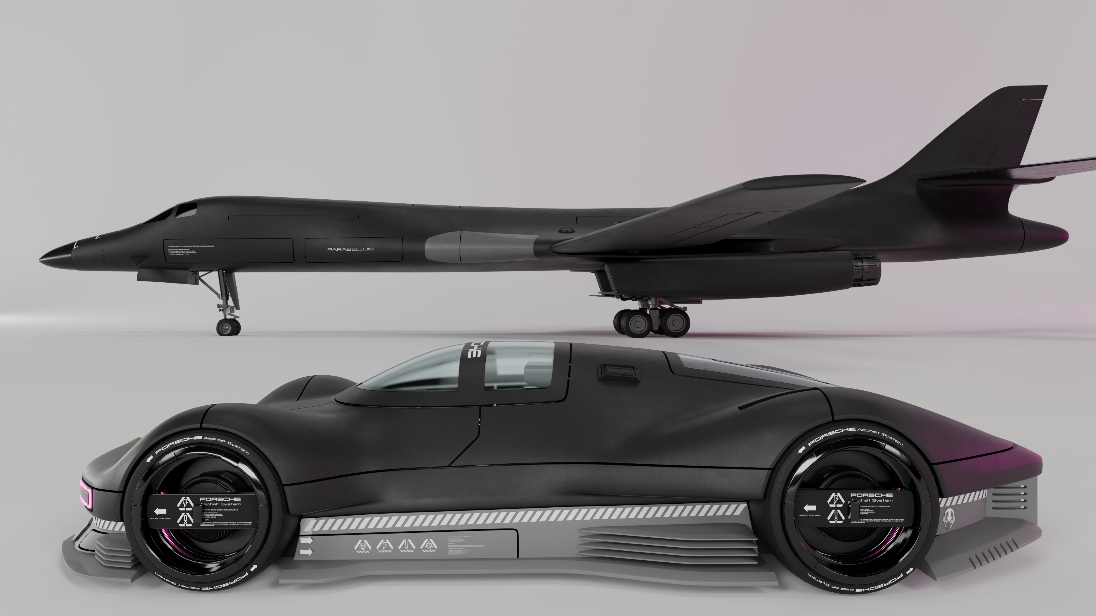 Black bomber jet and futuristic car side-by-side