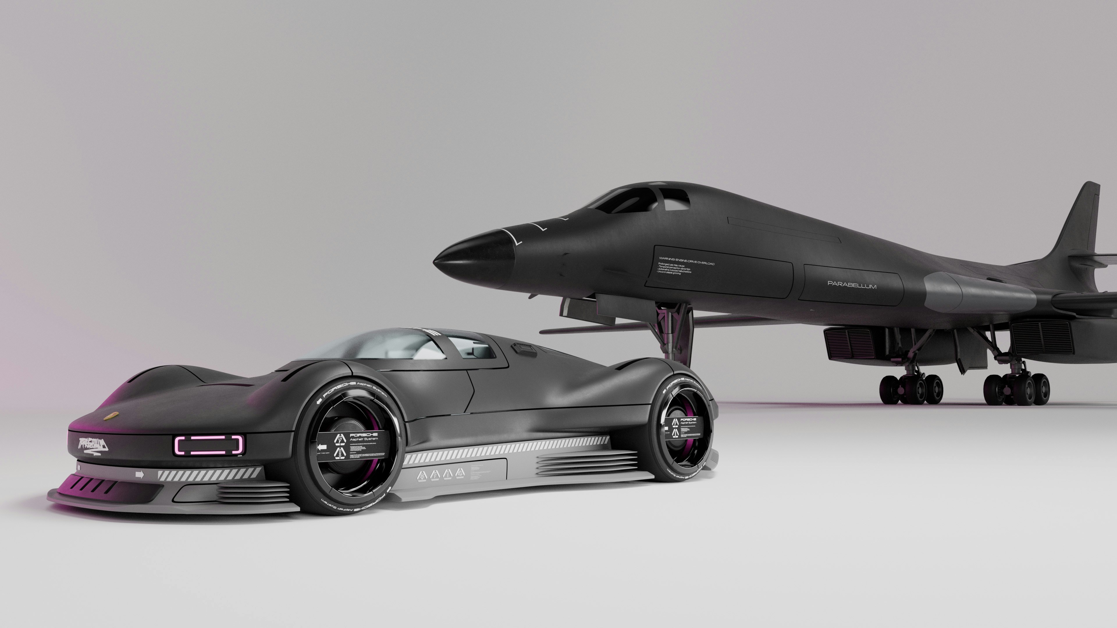 A dark sports car and bomber airplane