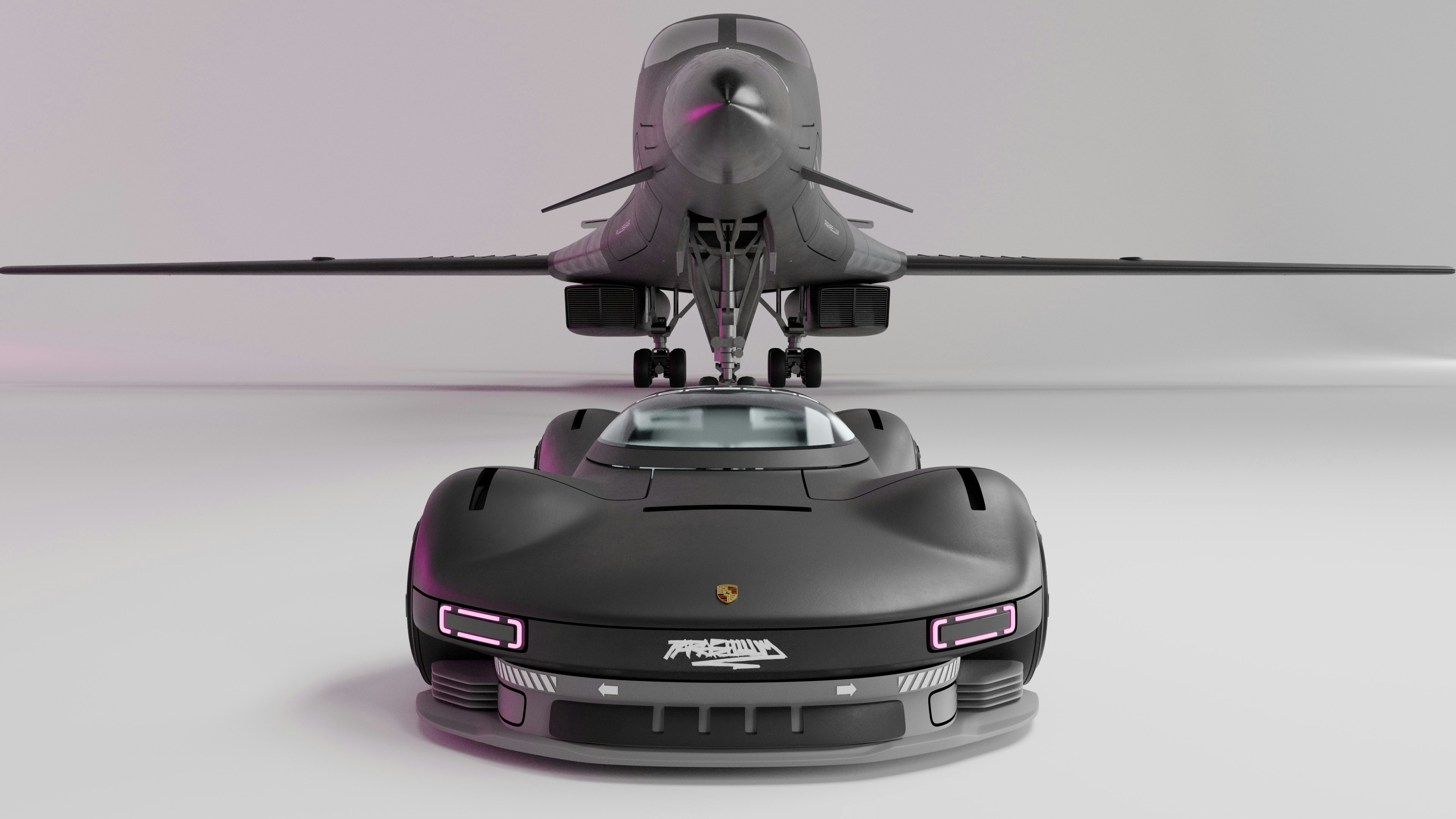 A futuristic car in front of a bomber airplane.