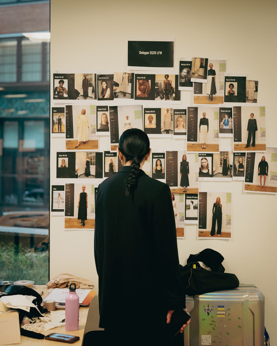 Fashion designer reviewing mood board with creative references