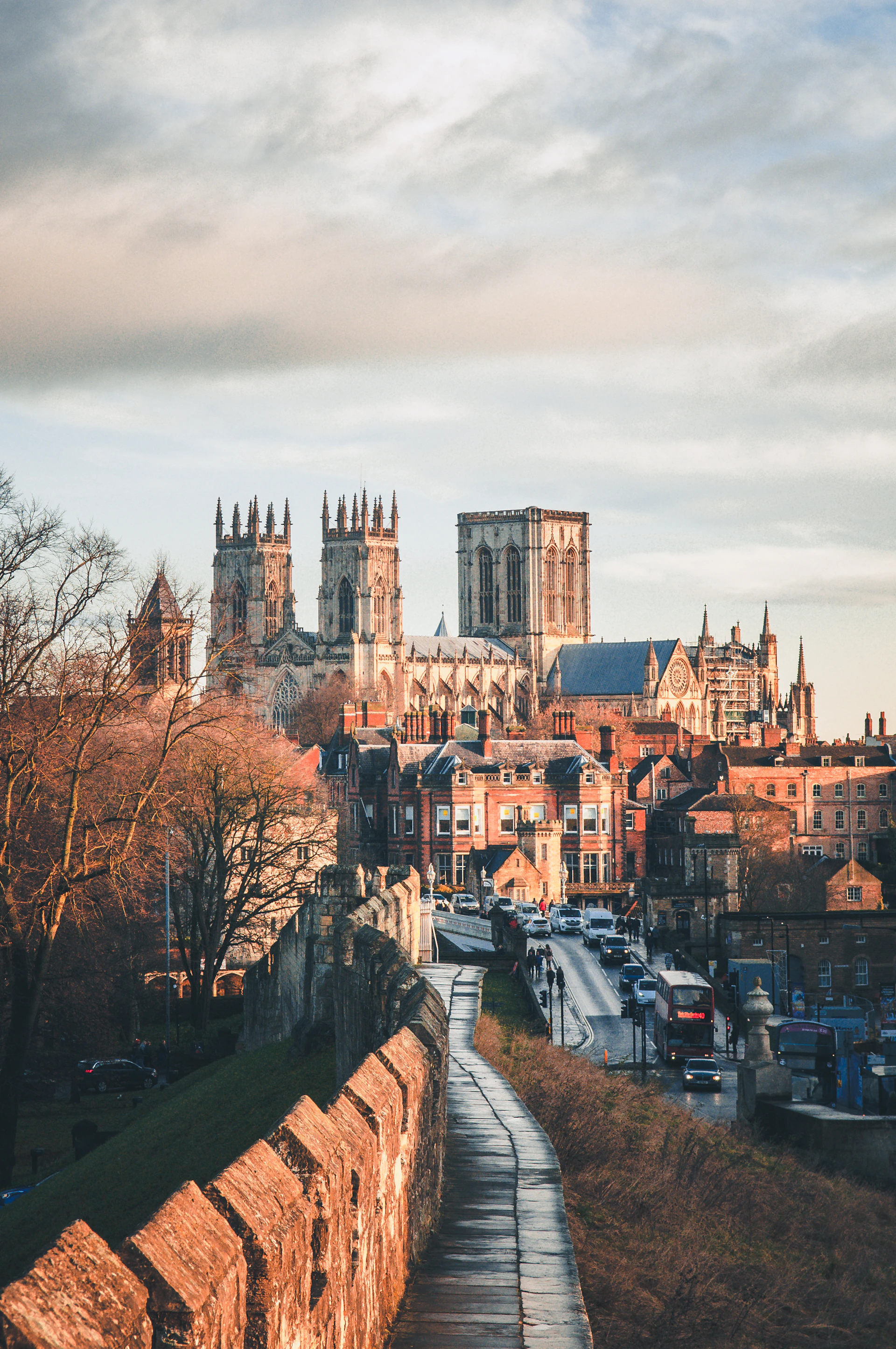 Historic city skyline with ancient walls and cathedral