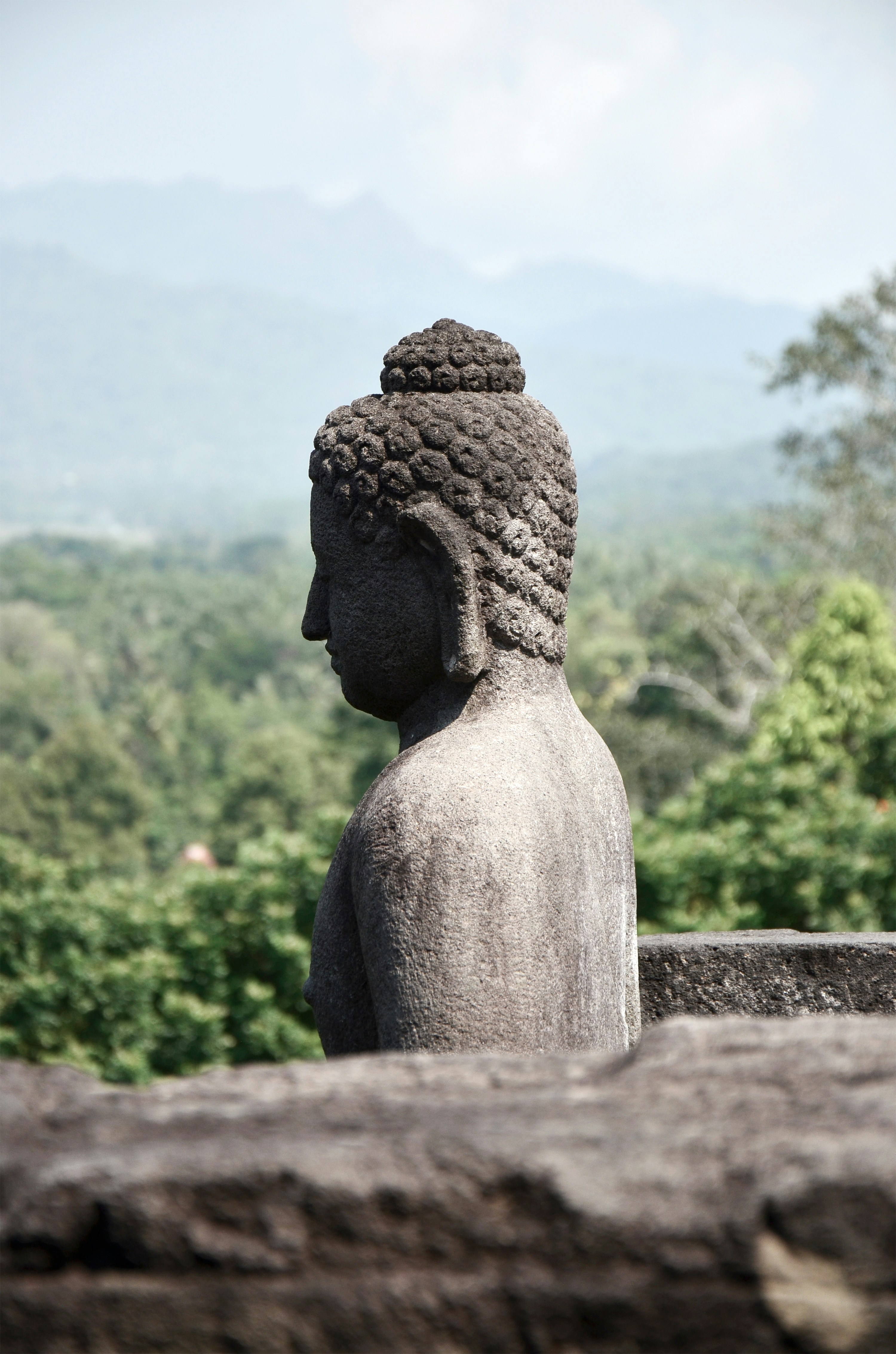 Stone buddha statue overlooking lush green hills