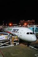 Eva air boeing 787 parked at airport gate at night