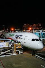 Eva air boeing 787 parked at airport gate at night