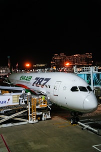 Eva air boeing 787 parked at airport gate at night
