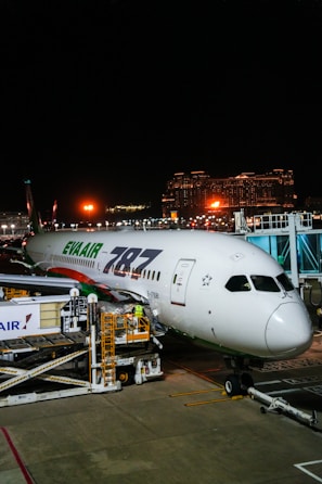 Eva air boeing 787 parked at airport gate at night