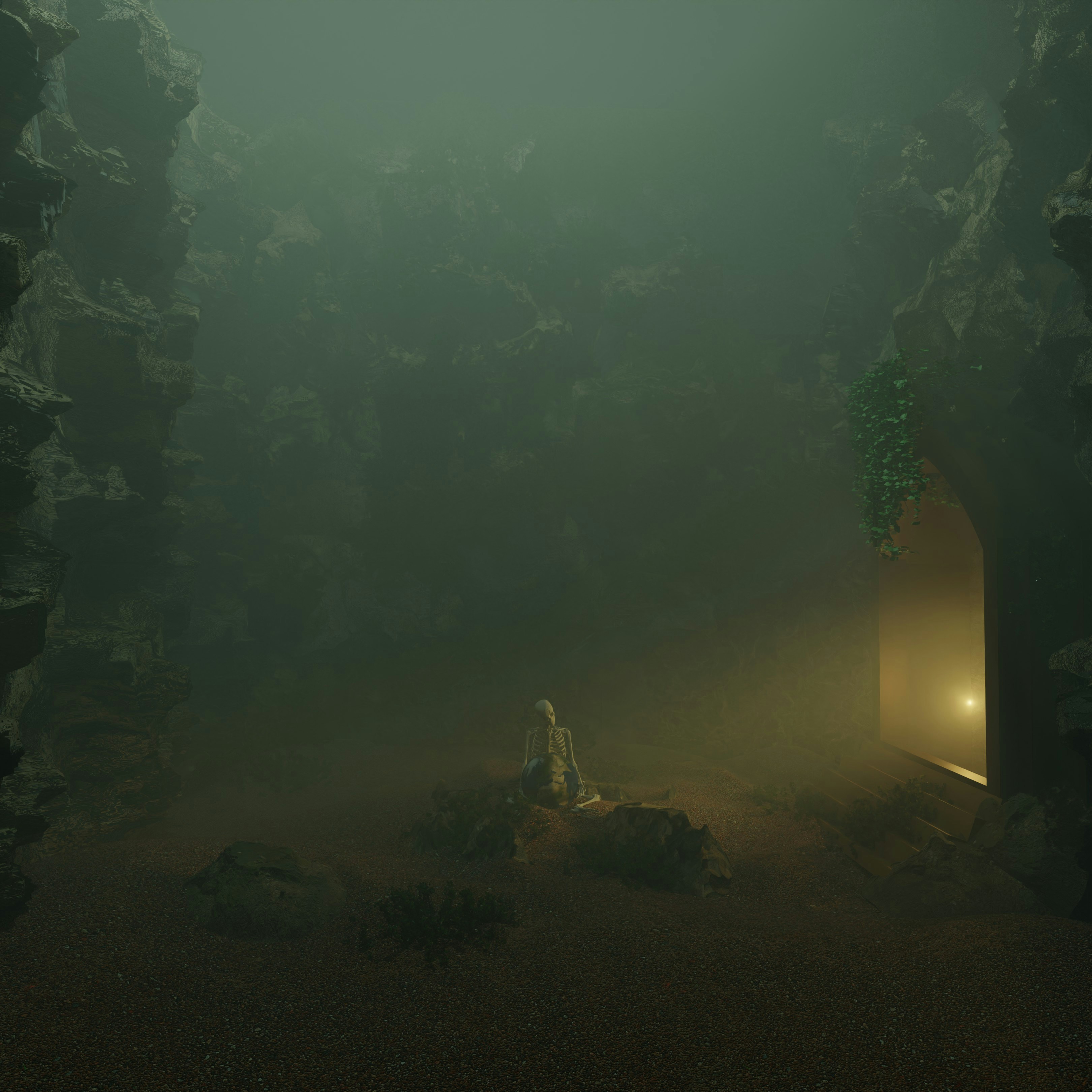 Eerie cave entrance with glowing light and skeletal remains