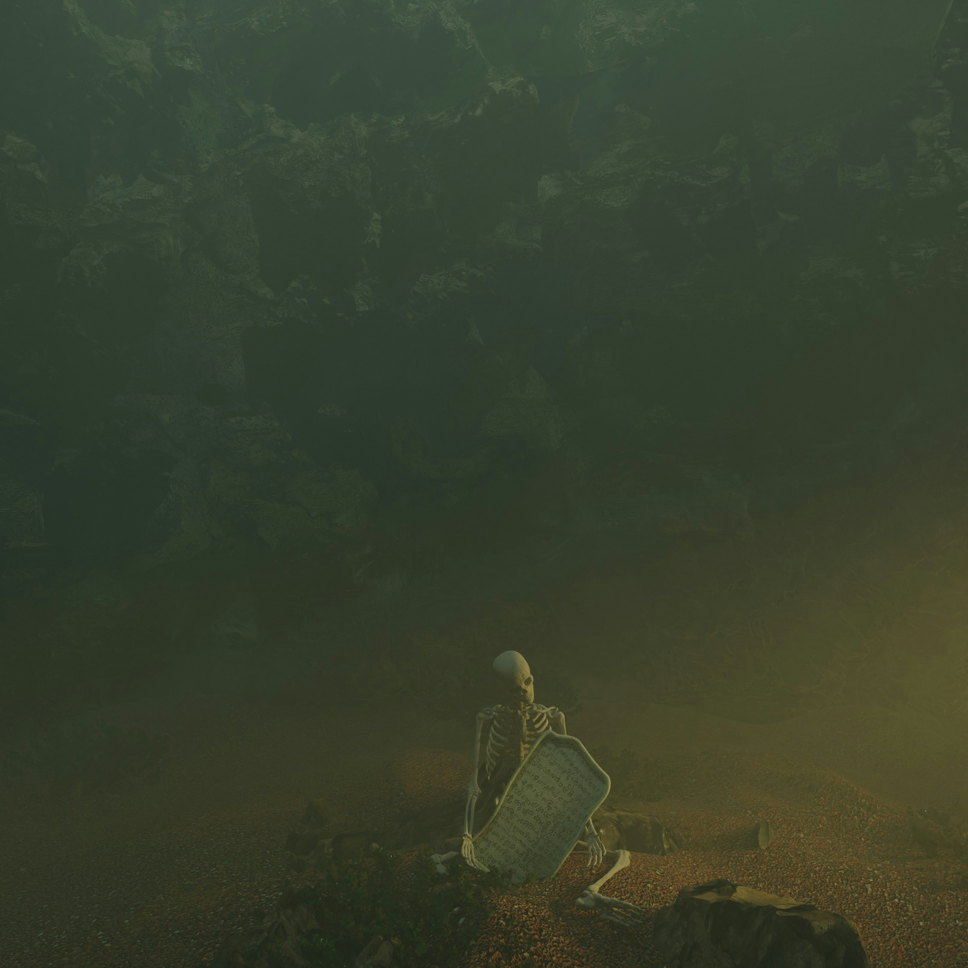 Skeleton sitting with shield in dark, misty landscape.