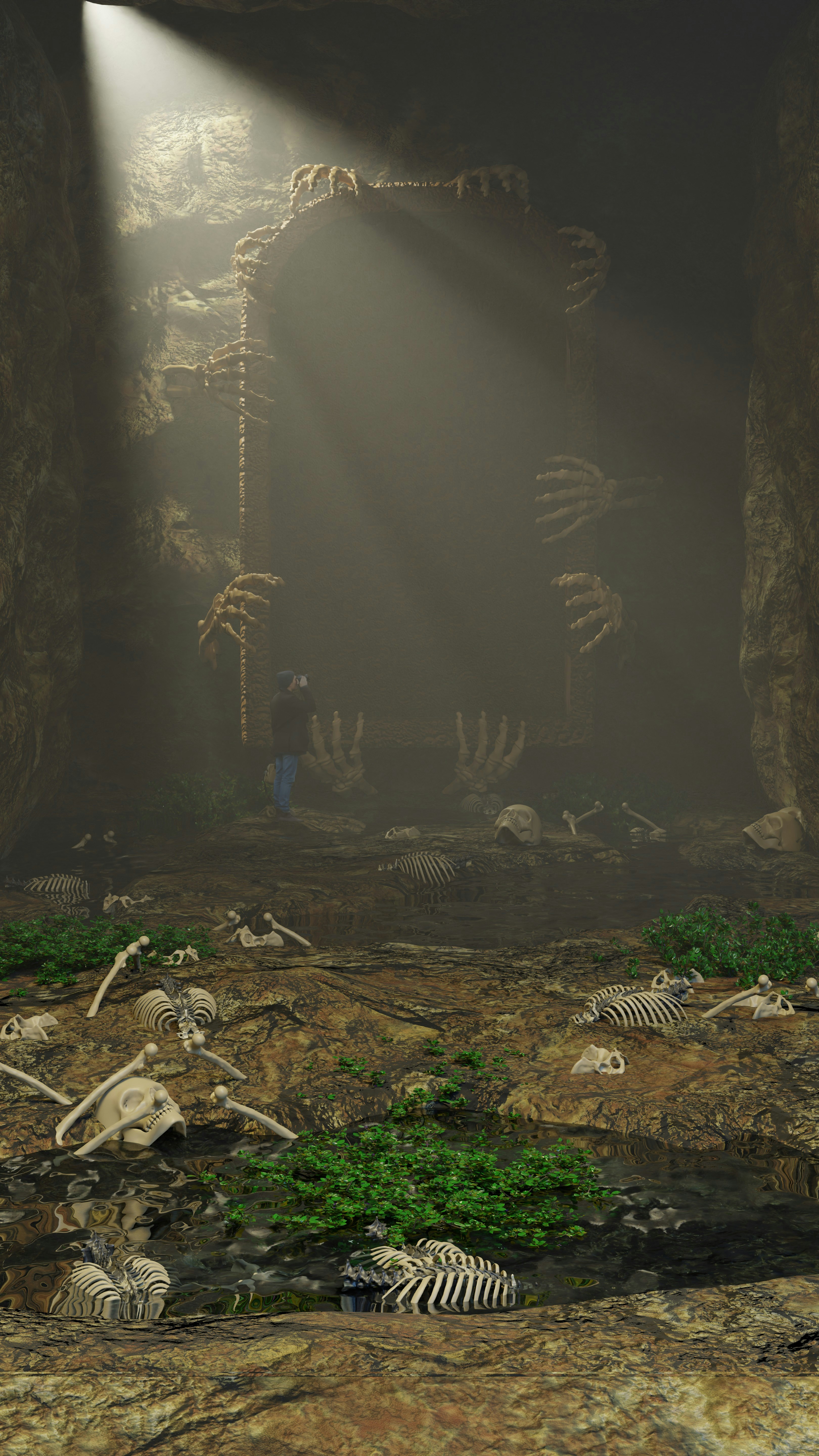 Person climbing rope in a cave of skeletons