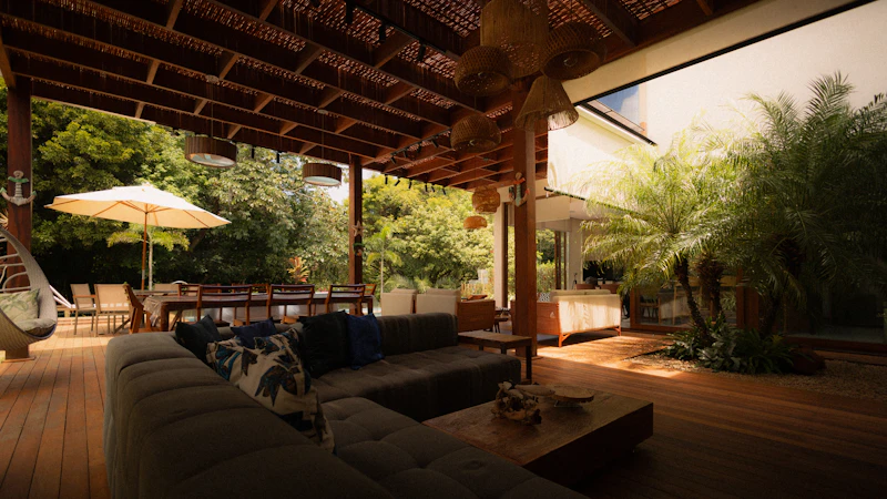 Covered outdoor living space with lounge seating