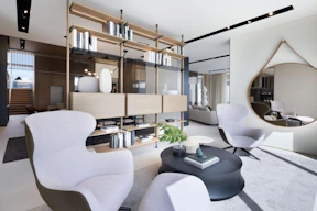 Modern living room with stylish furniture and shelving.