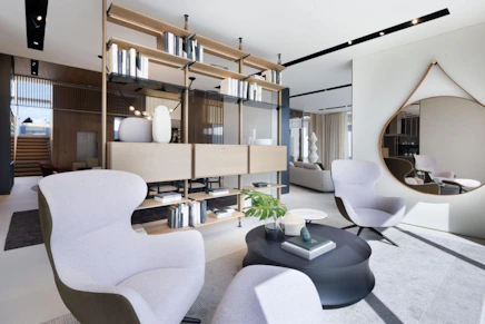 Modern living room with stylish furniture and shelving