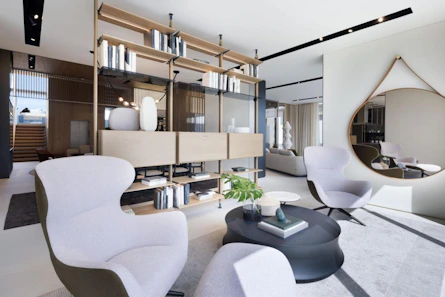 Modern living room with stylish furniture and shelving