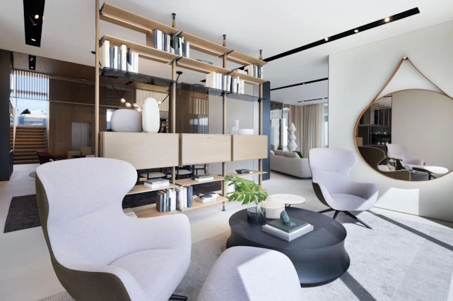 Modern living room with stylish furniture and shelving.