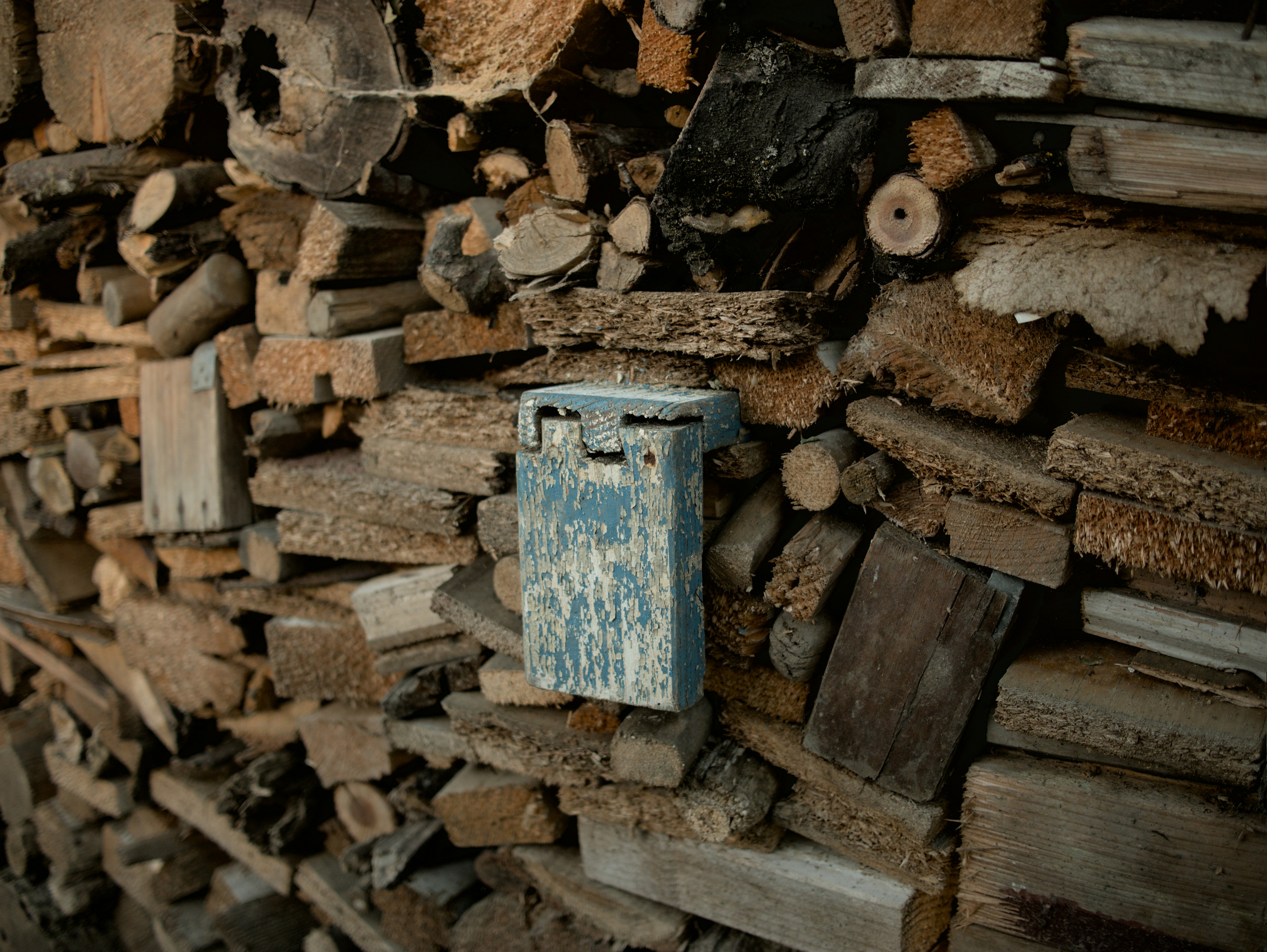 Ein blauer Briefkasten steht neben einem Haufen Brennholz.