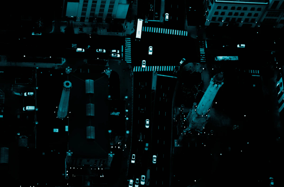 Aerial view of a city street at night