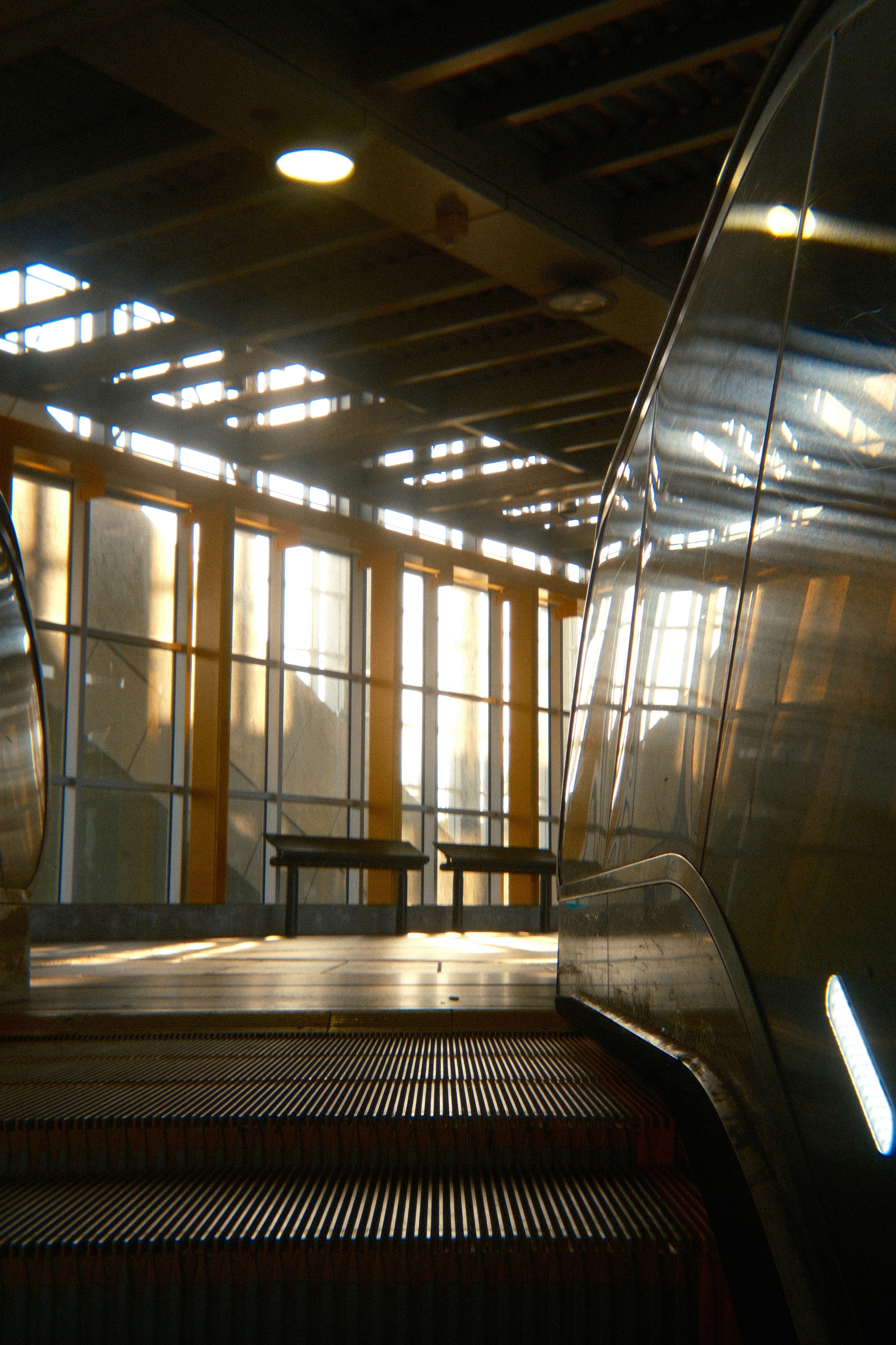 Escalator leading to sunlit modern building interior