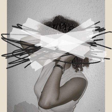 Woman with dreadlocks obscured by abstract shapes.