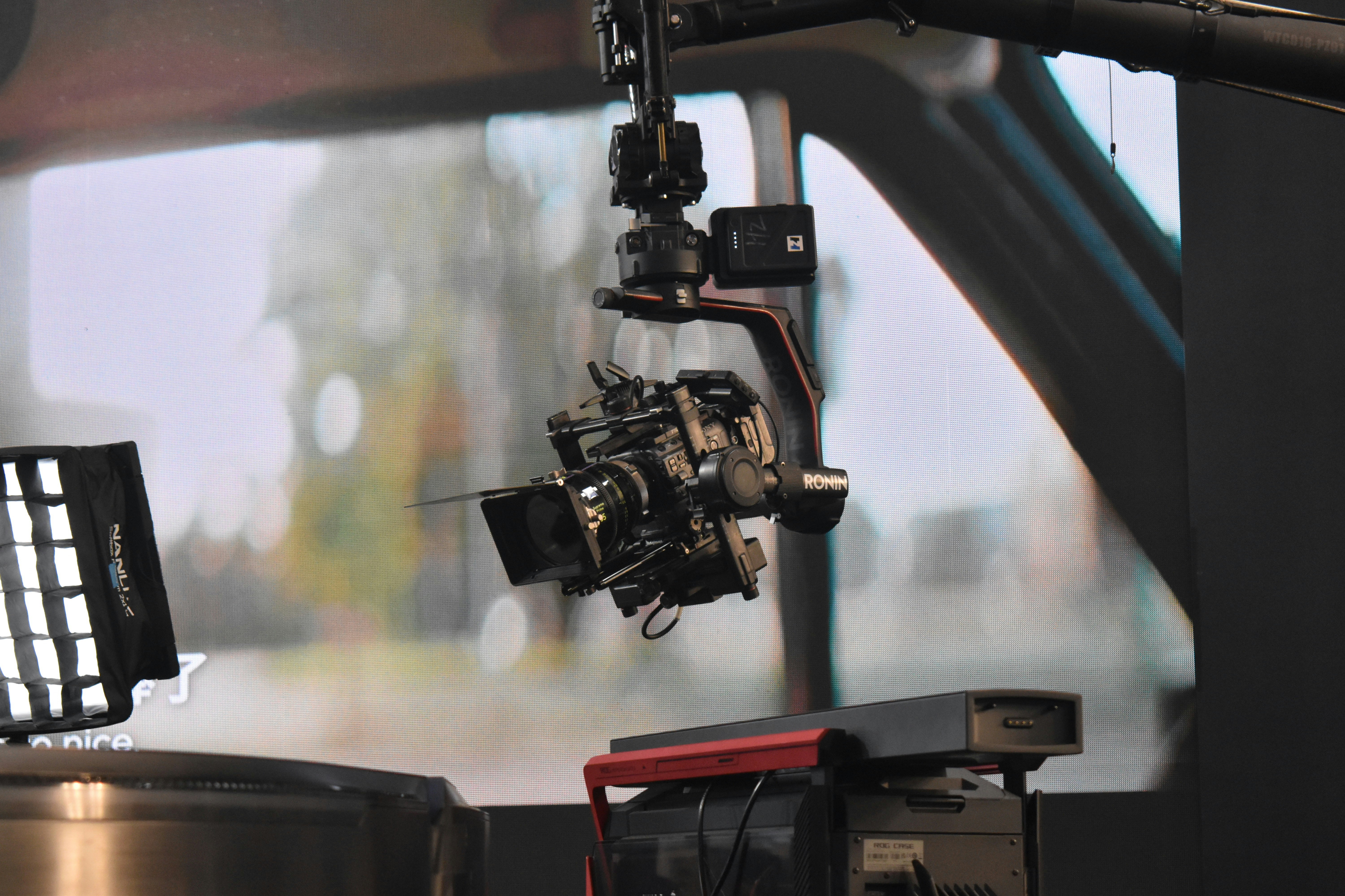 Professional camera rig mounted inside a vehicle
