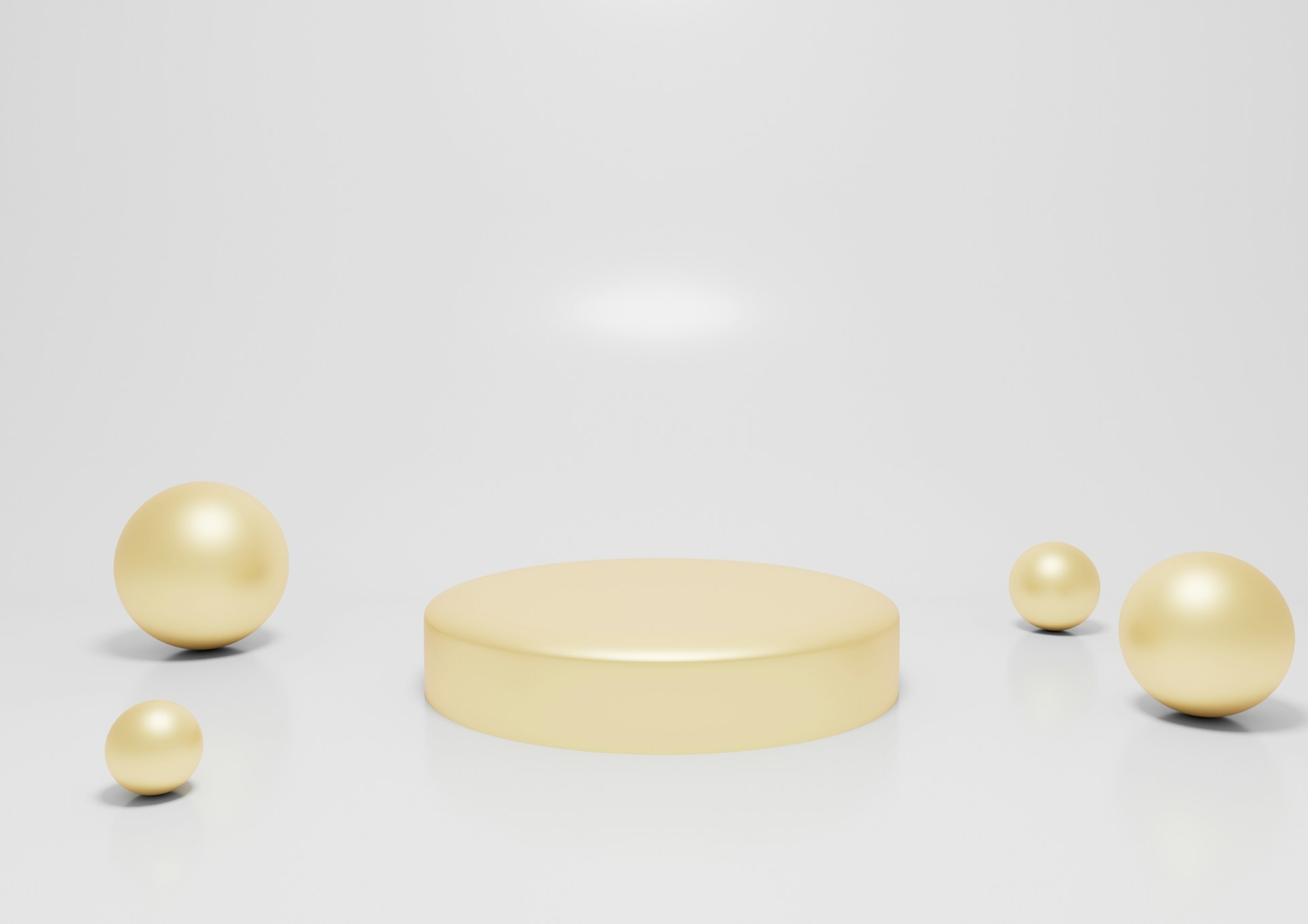 A light beige podium surrounded by golden spheres.