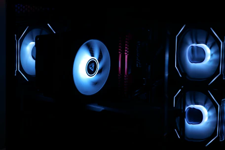 Computer case with glowing blue led fans