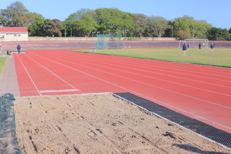 Athletics track with long jump sand pit at a stadium