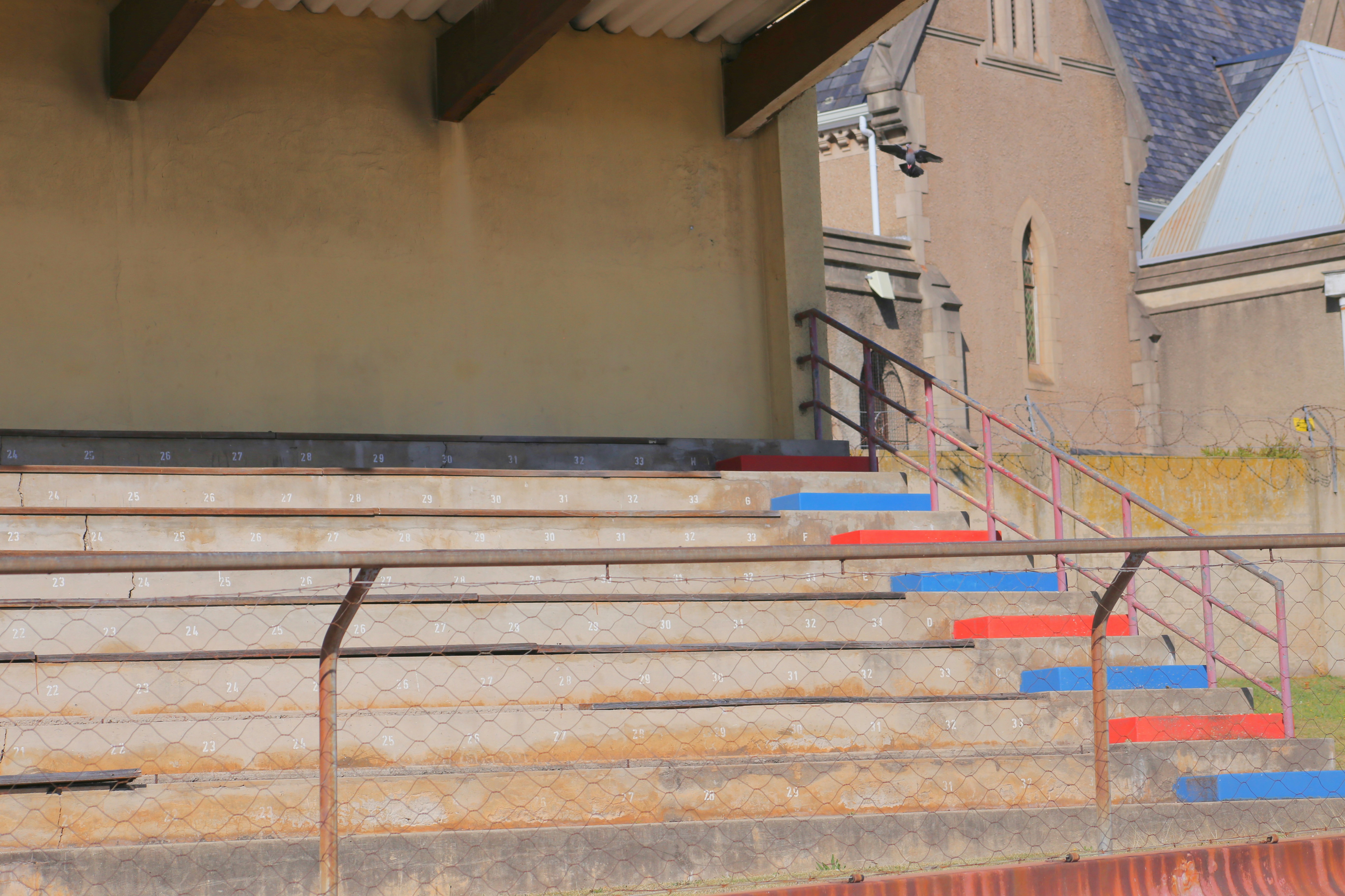 Bleacher seats with red and blue steps.